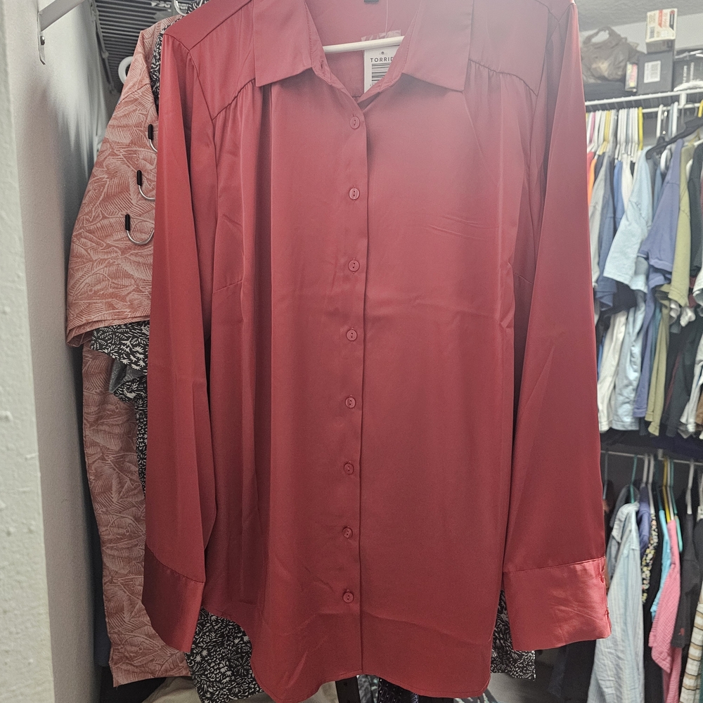 Women's Red Silk Button-Up Shirt
